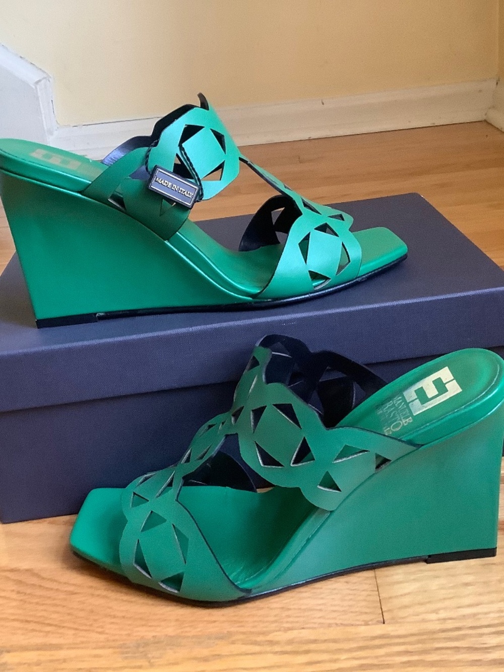 Emanuele Crasto Leather Cut Out Wedge Sandals Green SZ EU 40